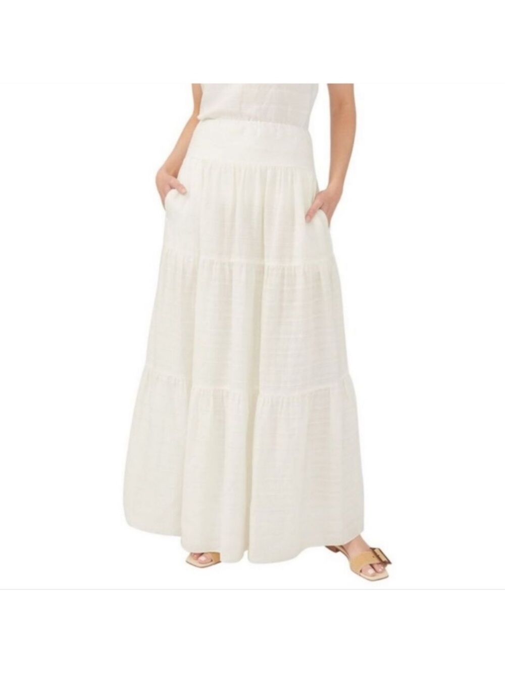 J McLaughlin Ophelia White Linen Cotton Blend Tiered Maxi Skirt Resort Wear LG